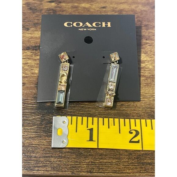Women's Coach Crystal Gemstone Dangle Bar Earrings Gold Signature C Statement - Picture 9 of 11